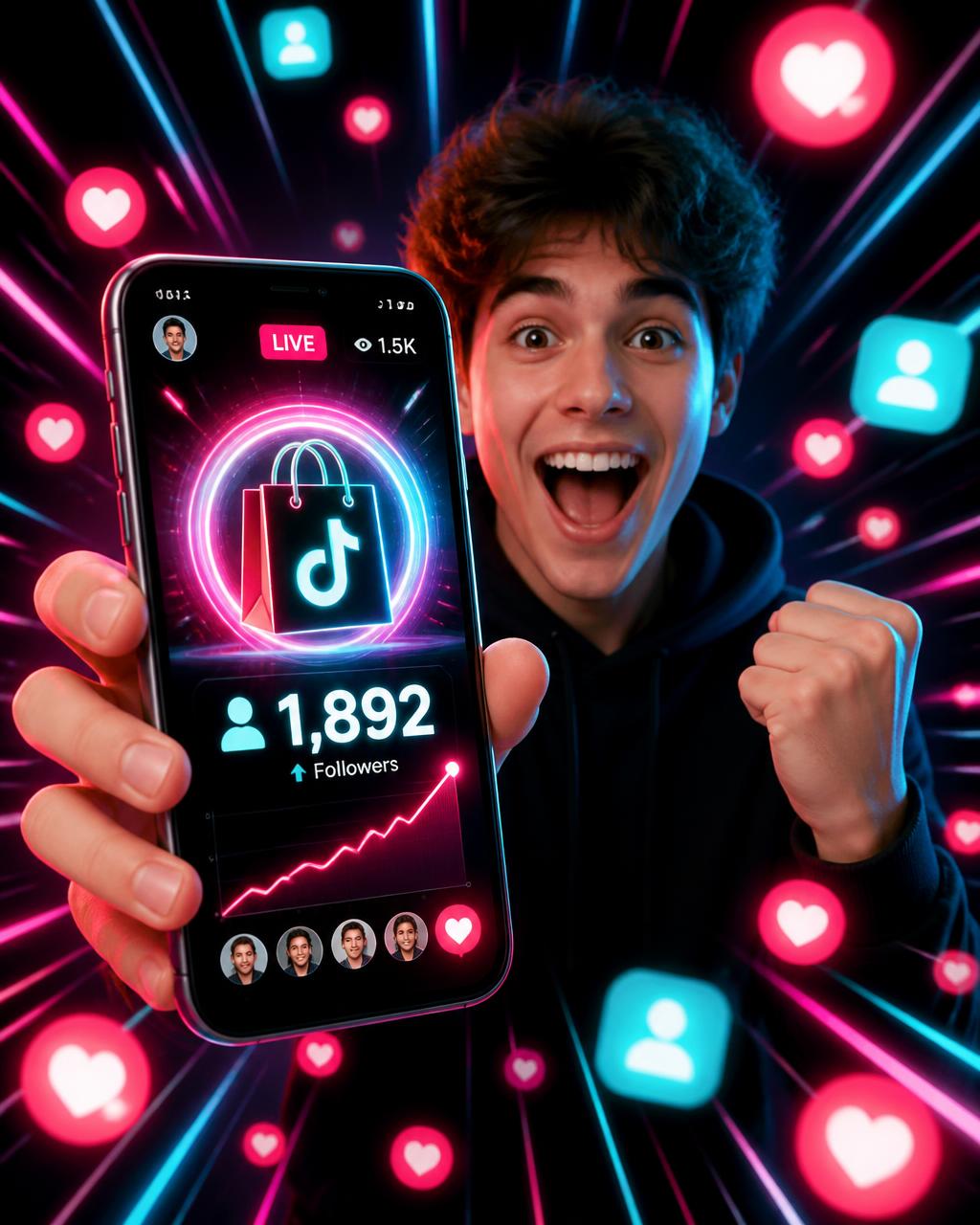 Criador comemorando ao ganhar seguidores no TikTok e liberar a Live para vender no TikTok Shop